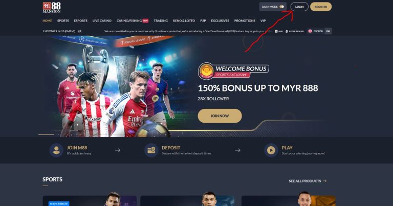 M88 Login Page - arrow pointing to login button