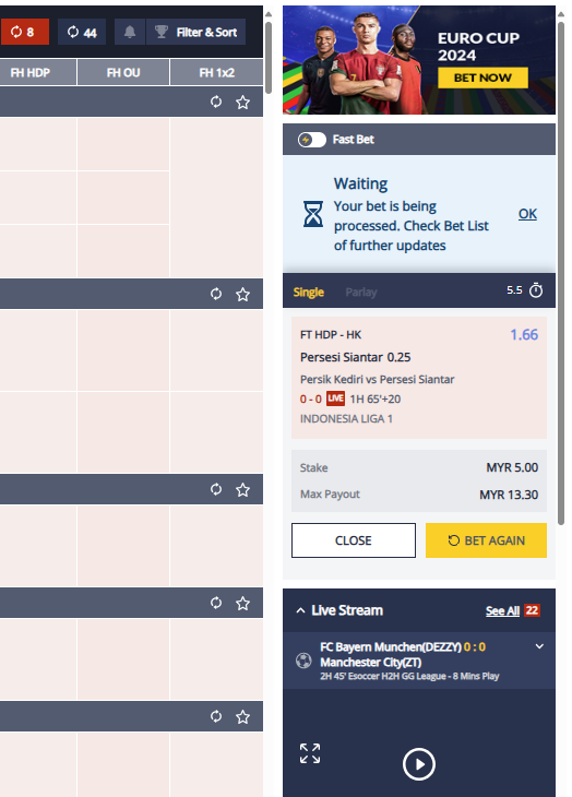 Once the bet button is pressed wait for the bet to be processed by checking the "Bet List" for updates. Notice that the "Bet Again" button appears once a bet was placed if a player wants to place another bet.