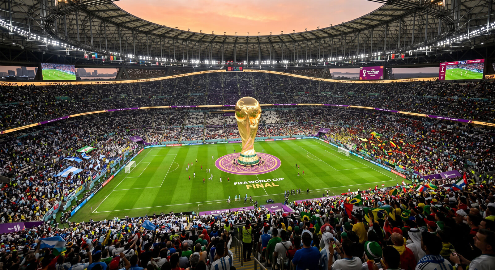 Fifa World Cup Stadium with large World cup Trophy in the center