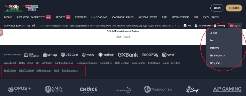 m88 Language Selector and m88 Links of dedicated Language
